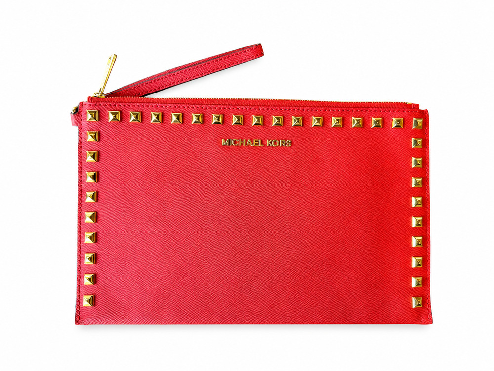 NWOT Michael Kors Red Studded Wristlet Clutch Gold Hardware Large Zip Pouch